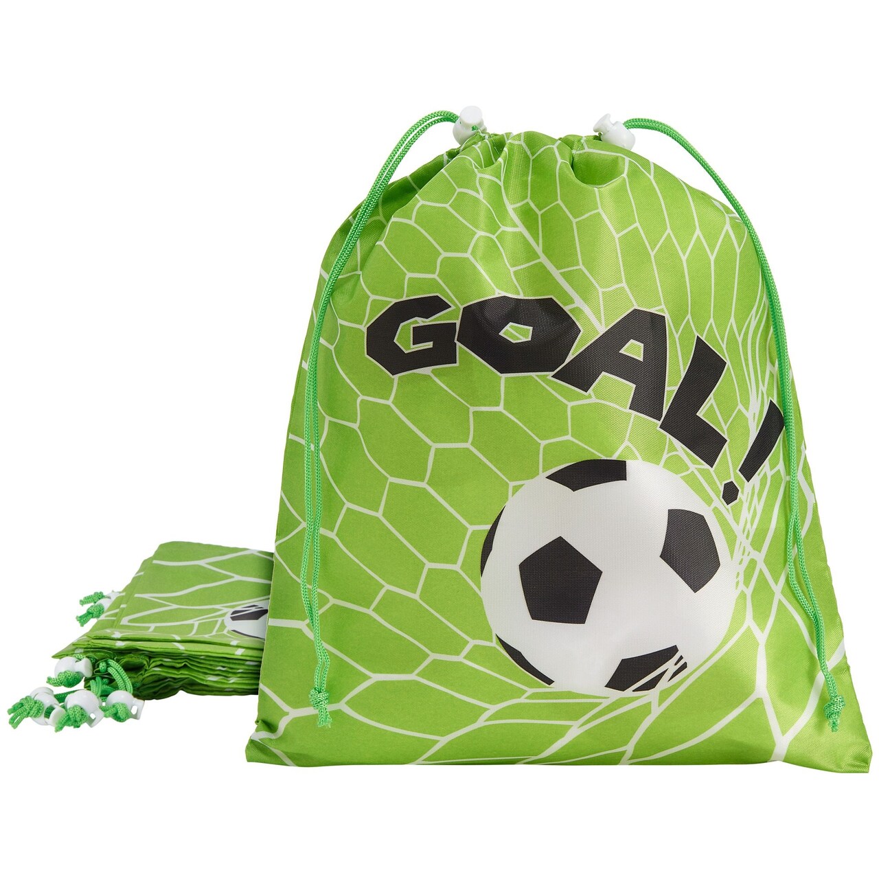 12 Pack Soccer Drawstring Gift Bags with Goal Print for Sports Party Favors, Goodies, Treats (10 x 12 In)
